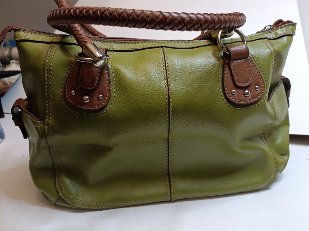 Relic Olive Green Faux Leather Satchel Handbag Brown Braided Handles 2007(?)